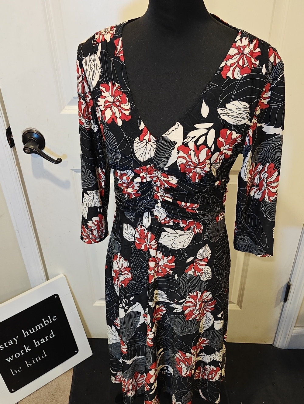 Women's Black Floral Wrap Dress with Red & White Accents